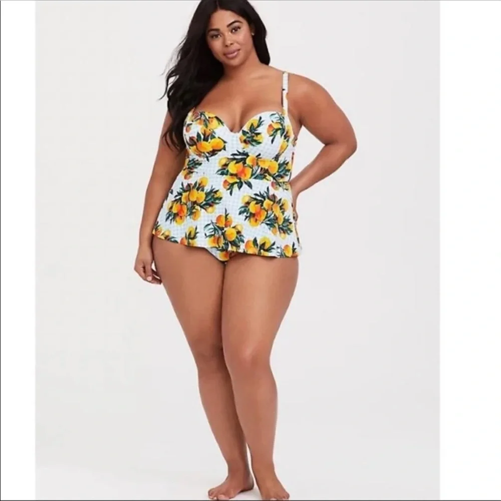 Torrid gingham and oranges peplum vixen swimsuit 3F